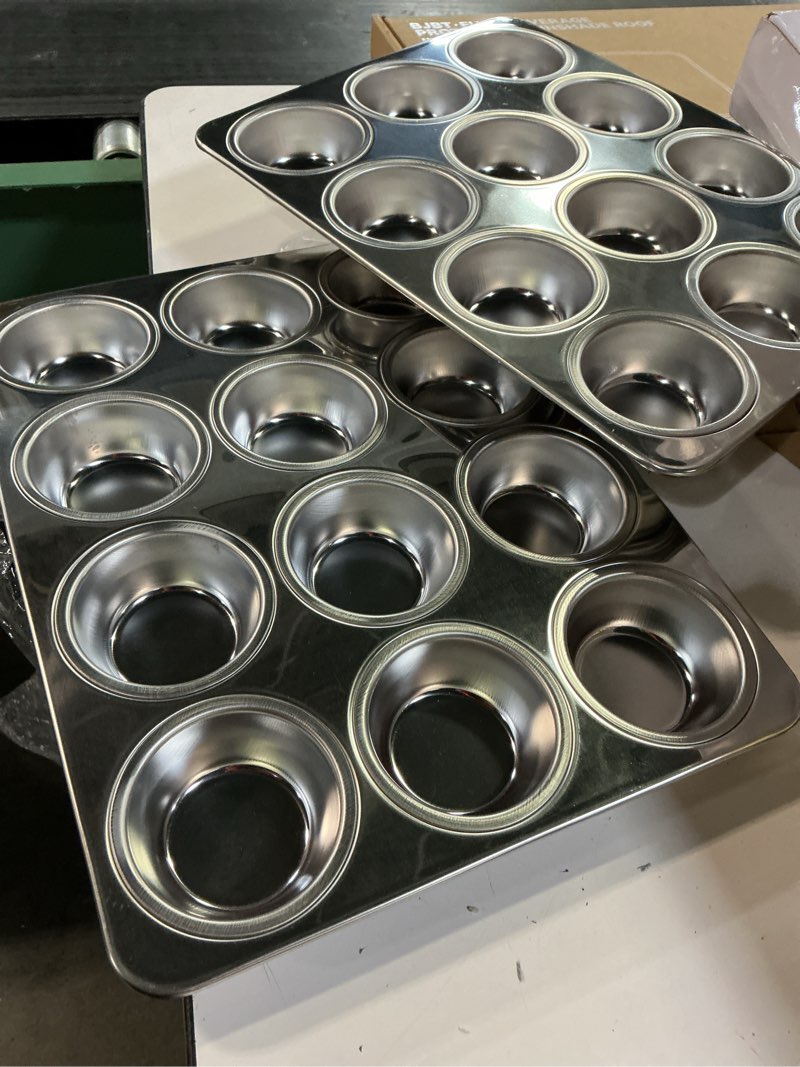 Condition photo showing Good Condition for p&p chef muffin pan cupcake baking pan set, stainless steel muffin tin tray for mini cake tart quiche, oven & dishwasher safe, non-toxic & heavy-duty, (12 cup, 2pcs) 2 12 cup