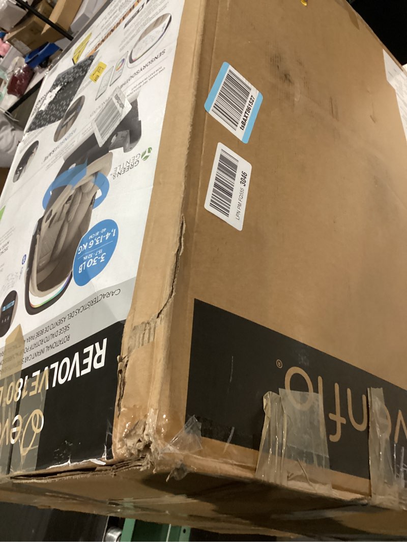 Condition photo showing New/Like New for Evenflo Revolve180 LiteMax NXT Rotating Rear-Facing Lightweight Preemie and Infant Car Seat 3-30lbs. with SensorySoothe. Easy Install with Base (Topaz) SensorySoothe, SensorSafe, Green & Gentle Topaz