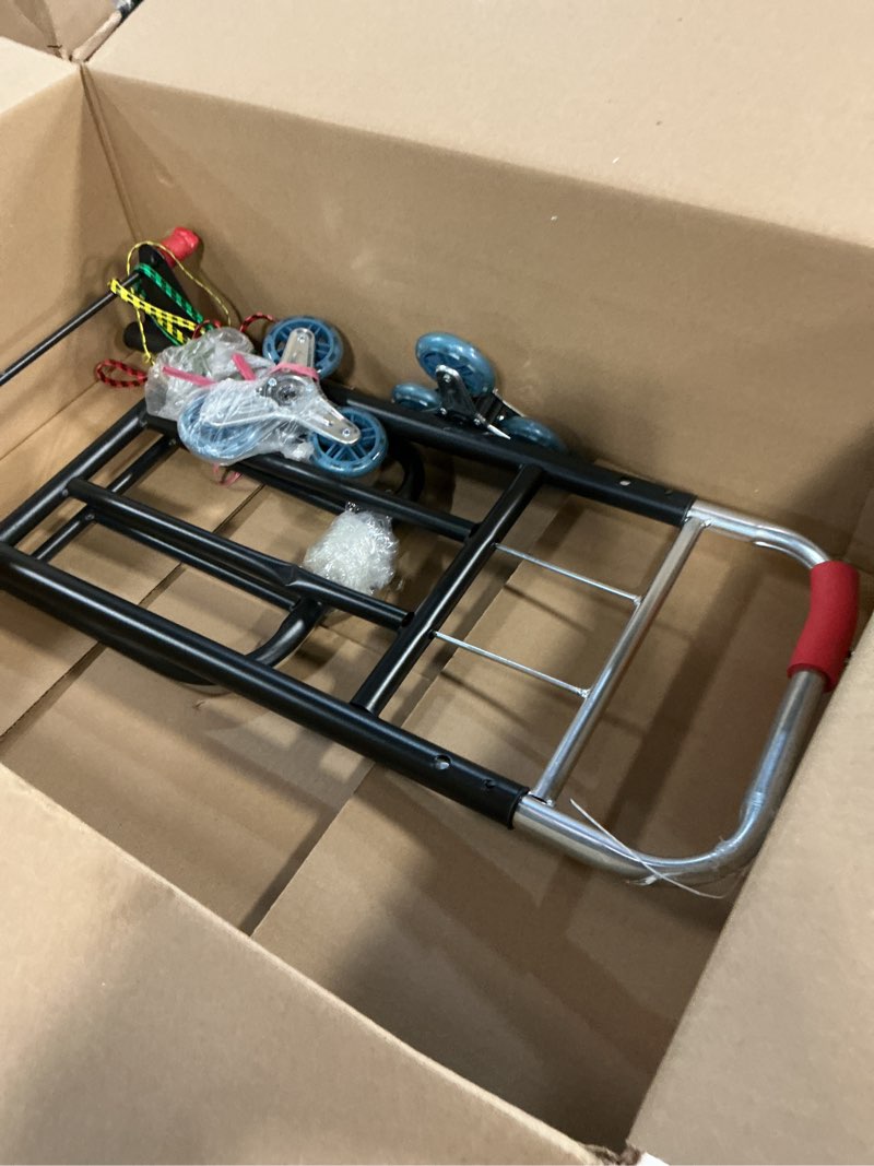 Condition photo showing As Is for heavy duty foldable hand truck with stair climbing wheels, portable folding dolly cart for moving, travel, shopping and office use