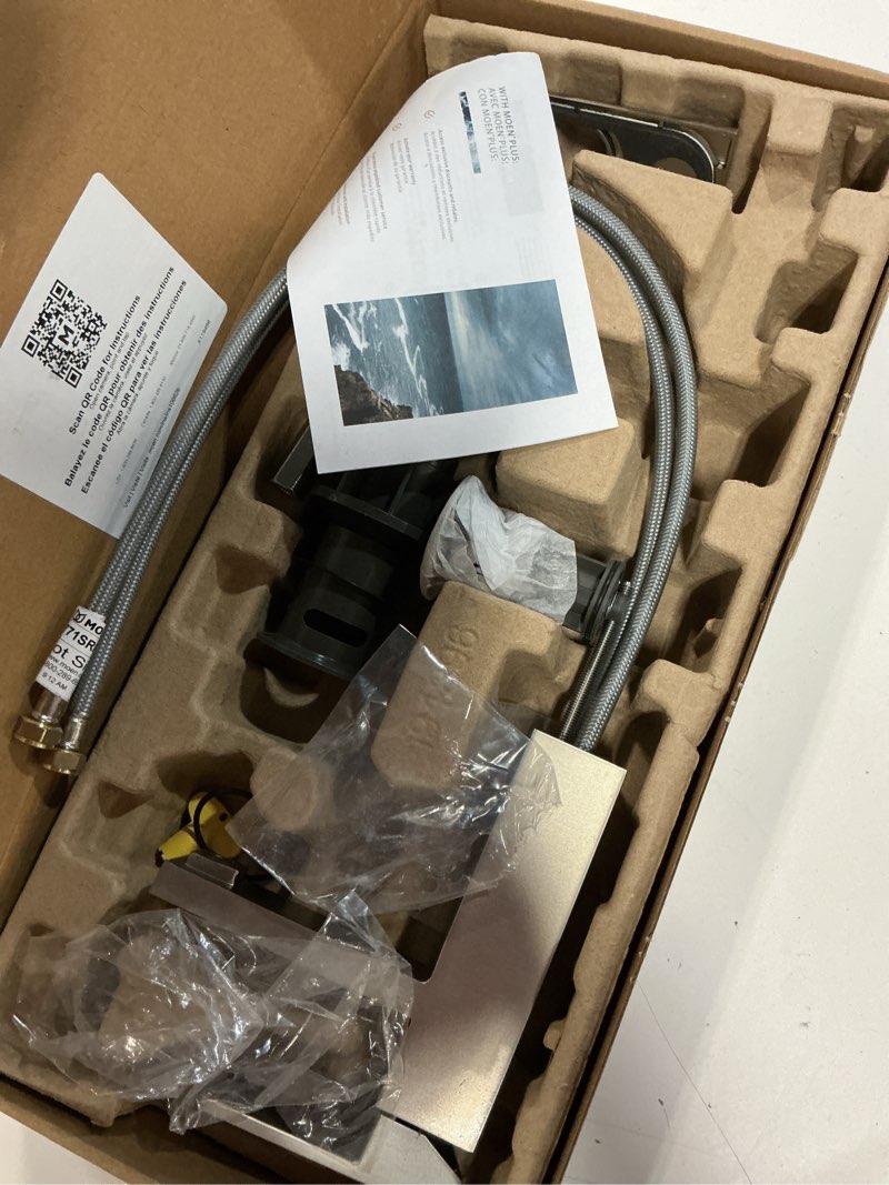 Condition photo showing Good Condition for moen revyl spot resist nickel one-handle single hole modern bathroom sink faucet with optional deckplate and spring loaded drain assembly, 84771srn