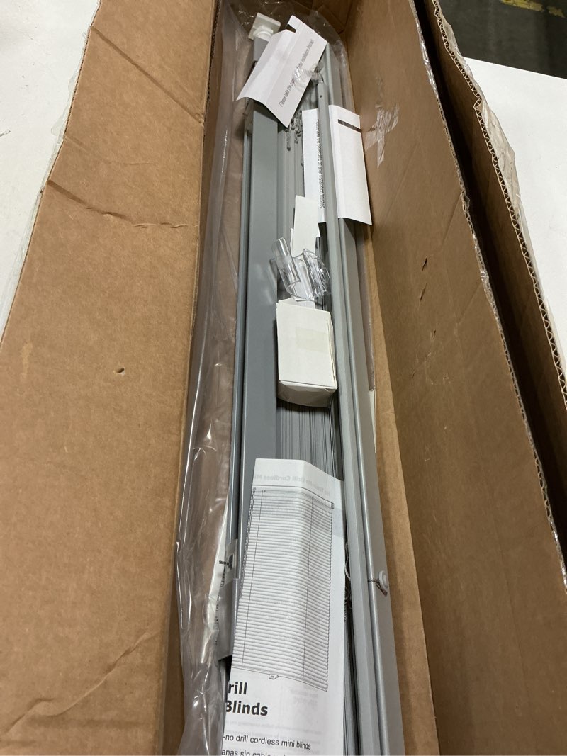 Condition photo showing As Is for No Tools No Drill Cordless Mini Blinds, 100% Privacy L-Shaped Blades 1" Vinyl Blinds for Indoor Windows, for Windows Size (27" W × 64" H) Color (Grey) Grey 27" W × 64" H