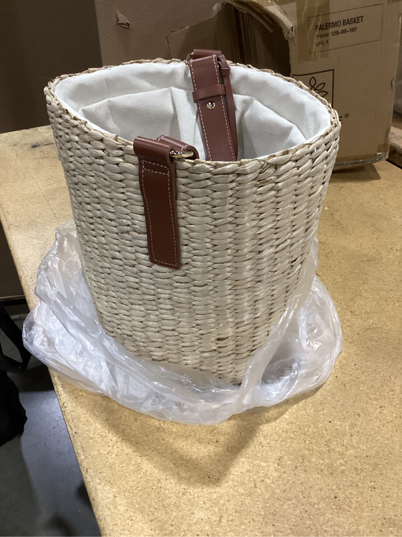 Condition photo showing Good Condition for picnic time palermo rush insulated bucket tote with leather straps, insulated beach bag, picnic tote bag, (beige canvas)
