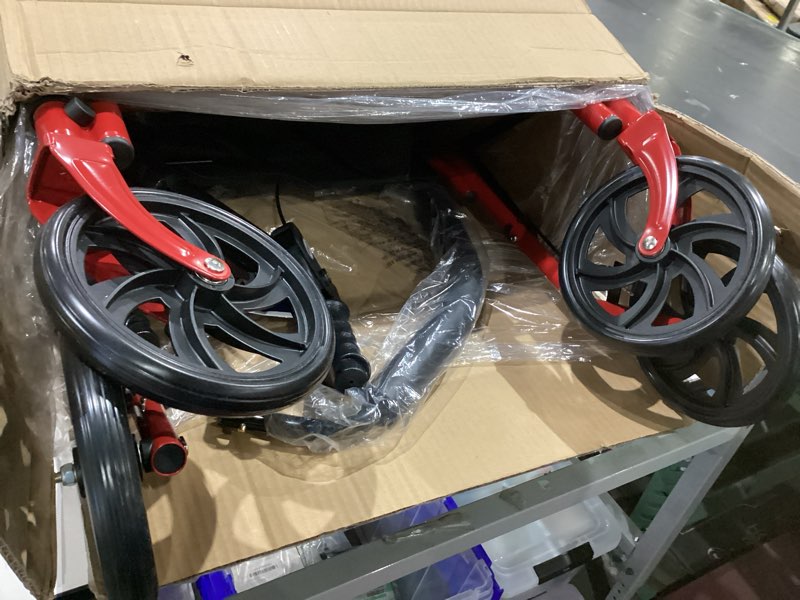 Condition photo showing As Is for drive medical rollator walker with seat - stable mobility support - height adjustable - durable steel frame construction - smooth 7.5" wheels - foldable frame - 350 lb limit - red