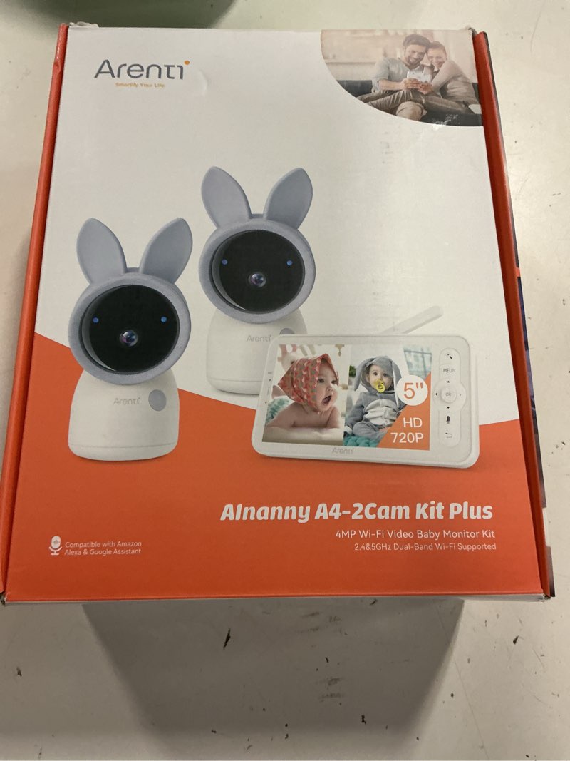 Condition photo showing As Is for arenti 4mp baby monitor with 2 cameras, 5" screen video baby monitor, dual-band 2.4g/5g wifi with app, split-screen view, auto tracking, cry&motion detection, temp&humidity, night vision, 2-way talk white