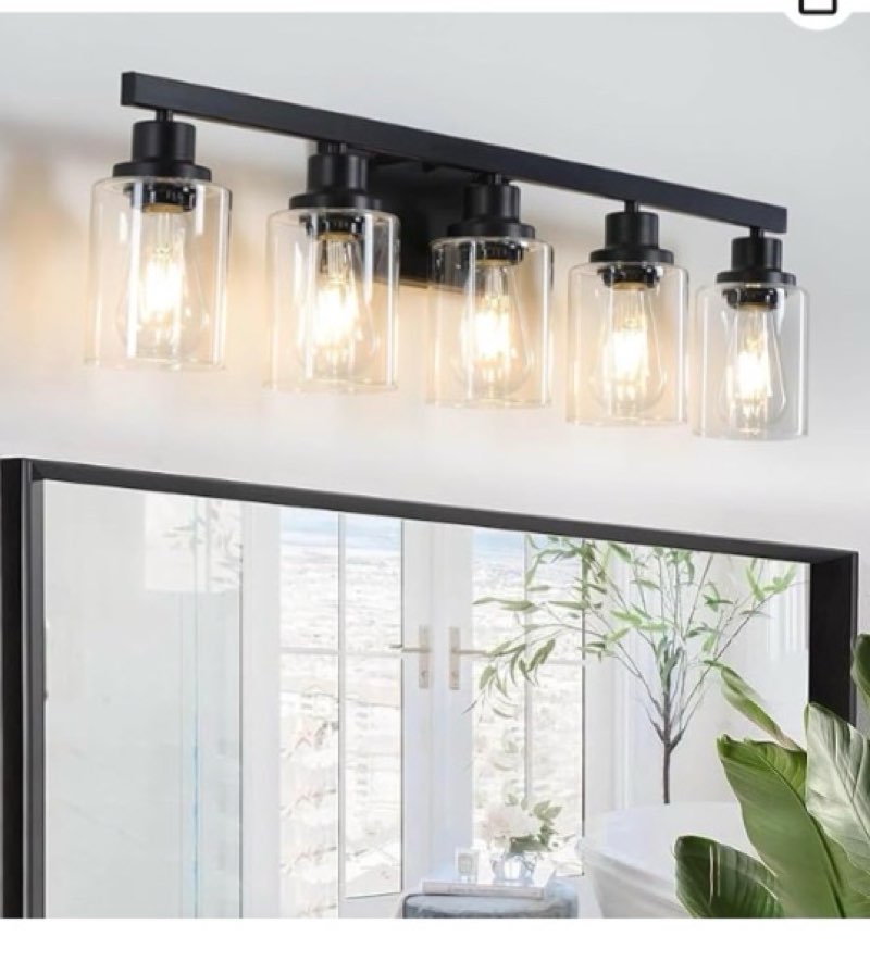 QueeuQ 5 Lights Bathroom Light Fixtures,Matte Black Bathroom Vanity Lights with Milky White Glass Sh