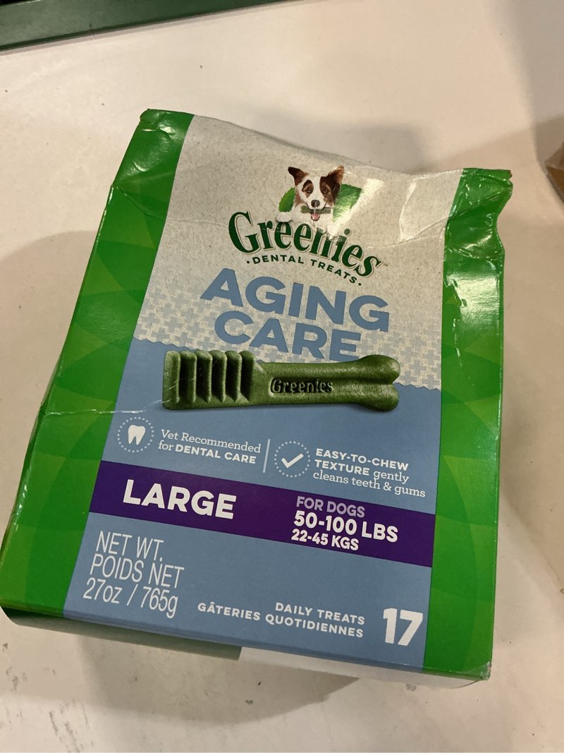Condition photo showing New/Like New for Best by 27/oct/25)Greenies Dental Treats for Dogs, Veterinarian-Recommended Aging Care Adult Natural Dental Dog Treats, Large Size, 27 oz. Pack, 17 Count Aging Care 17 Count (Pack of 1)