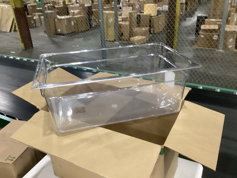Condition photo showing As Is for missing lid carlisle foodservice products 10203b07 storplus full size polycarbonate food pan, 8\" deep, clear clear 8\" pan