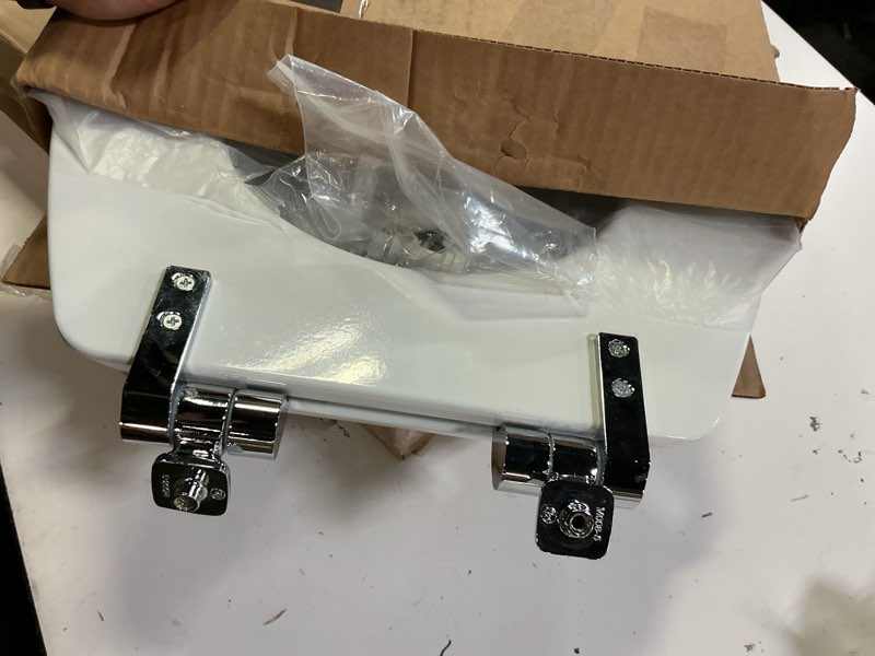 Condition photo showing Good Condition for mayfair bennett toilet seat with chrome hinges, slow close wood seat, secure metal hinges, easy install, made in usa, round, white round chrome