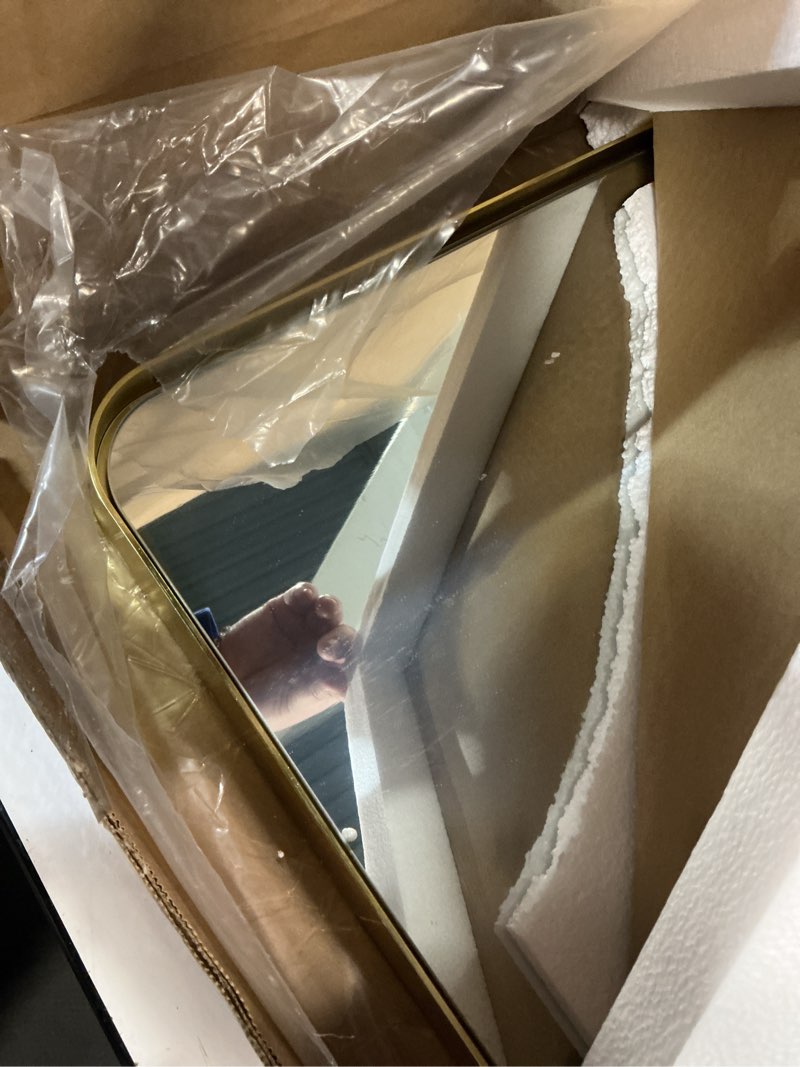 Condition photo showing Good Condition for TokeShimi Bathroom Mirror for Wall 24 x 32 Inch Gold Brushed Brass Metal Rounded Corner Rectangle Mirror Wall Mirror in Metal Frame 32"L x 24"W Rectangle Brushed Gold