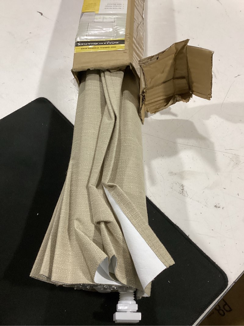 Condition photo showing As Is for unishades 100% blackout no tools no drill cordless roman shades for windows, size 27 3/4" w × 60" h (for windows 28" w × 60" h) blackout - beige blackout - beige 28" w × 60" h