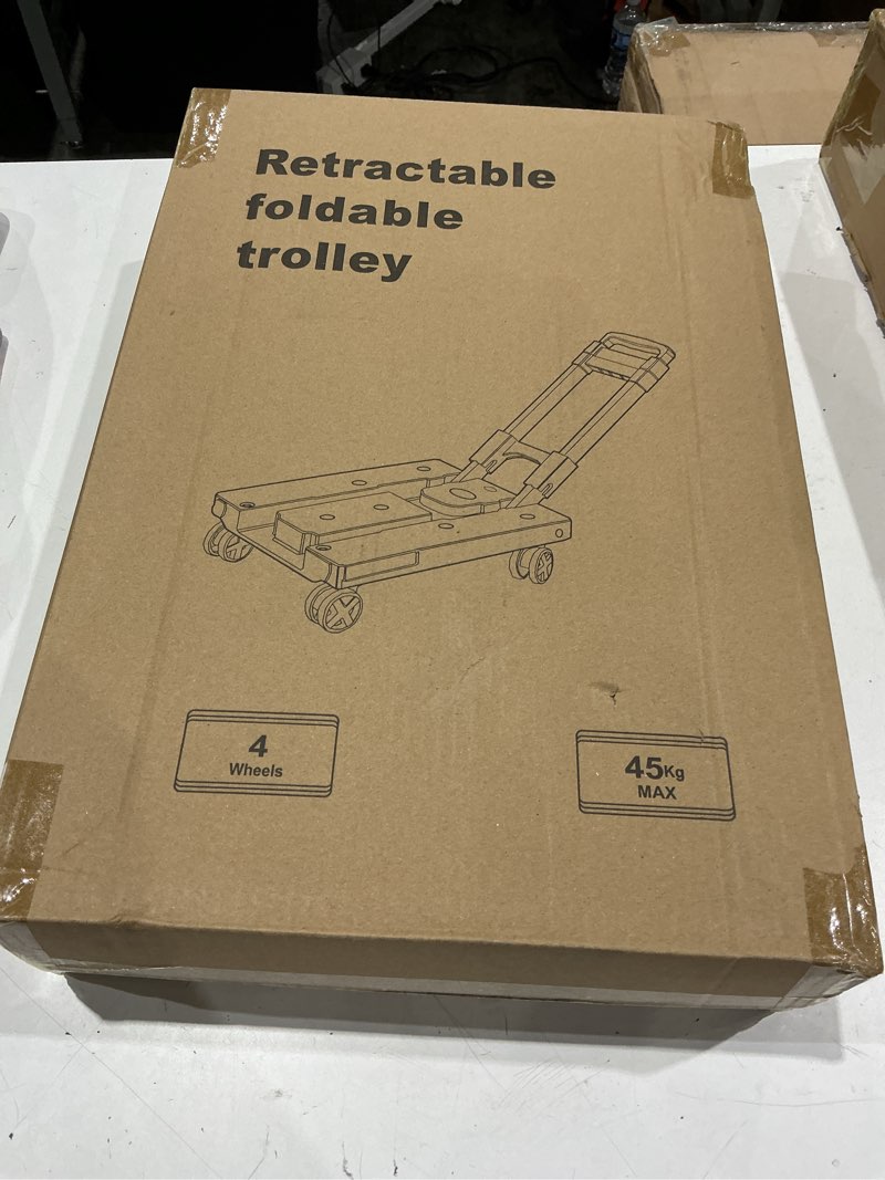 Condition photo showing Good Condition for folding hand truck dolly for moving portable 110 lbs folding dolly cart with 4 wheels & 2 elastic ropes for luggage, suitable for travel moving shopping office use?black?