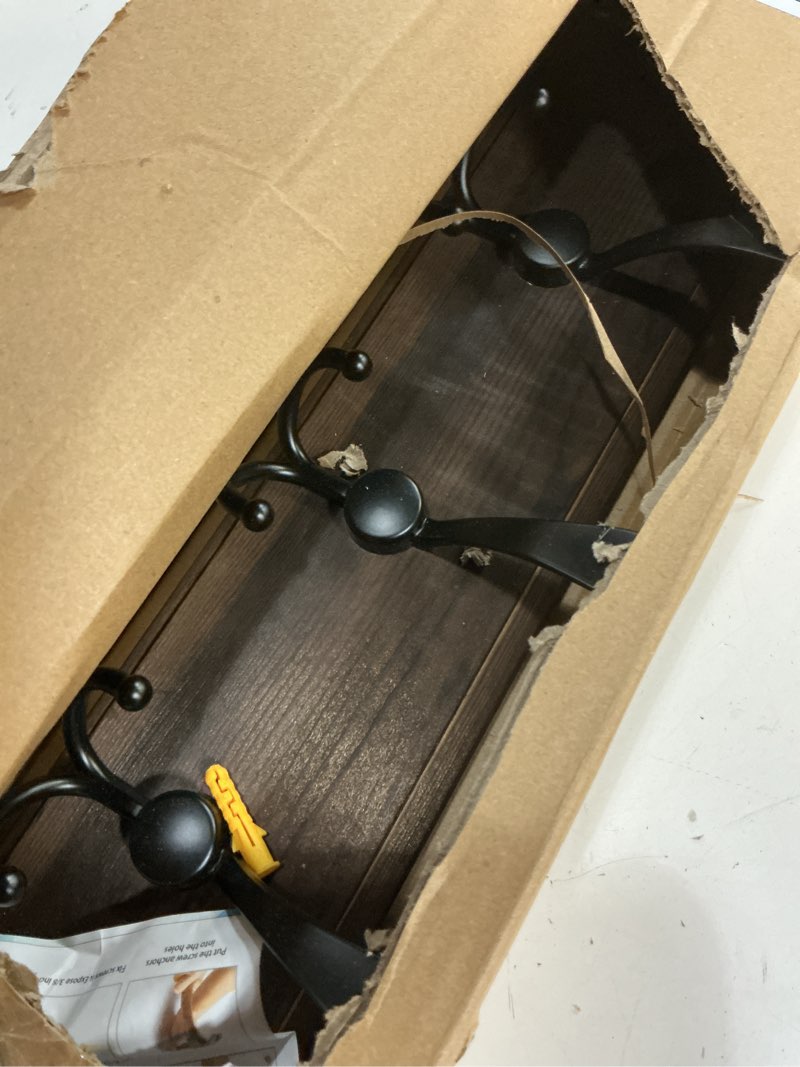 Condition photo showing As Is for rustic 38.6" large coat rack wall mount, long wood coat hooks with 10 triple hooks, heavy duty wooden coat hanger wall mount for entryway, farmhouse hanging jackets, coats, hats, bags,towel brown plate & black hook 10 hooks-1 items