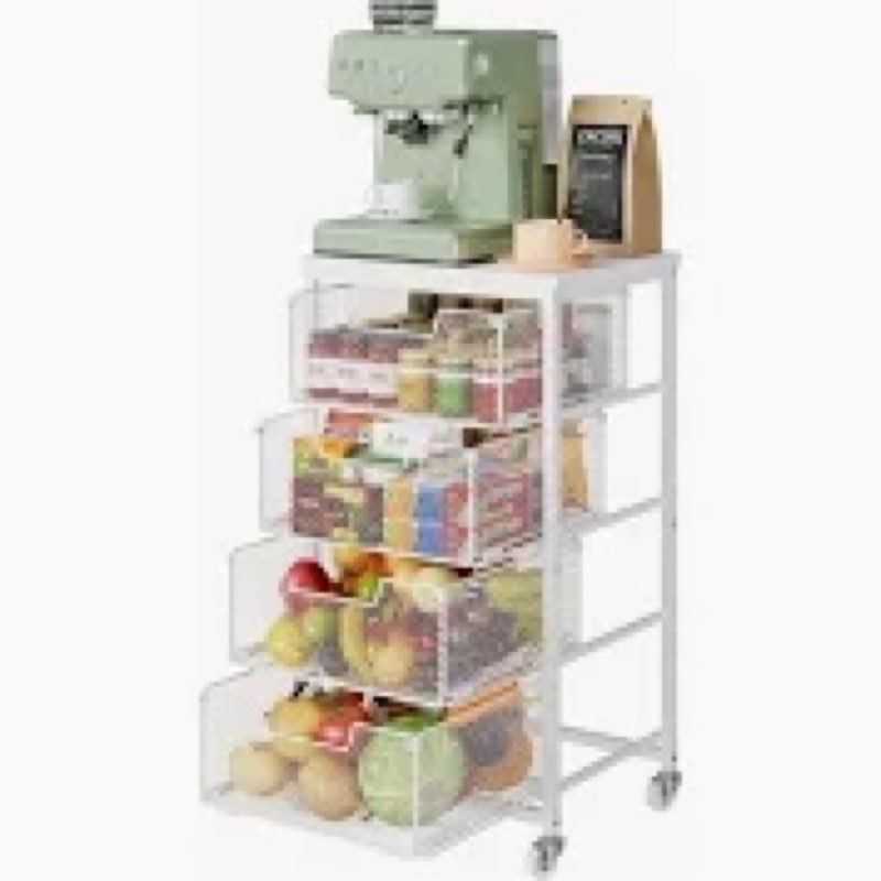 4-Tier Kitchen Storage Cart - Fruit Vegetable Storage Cart with Drawers, Wooden Top Metal Wire Kitch