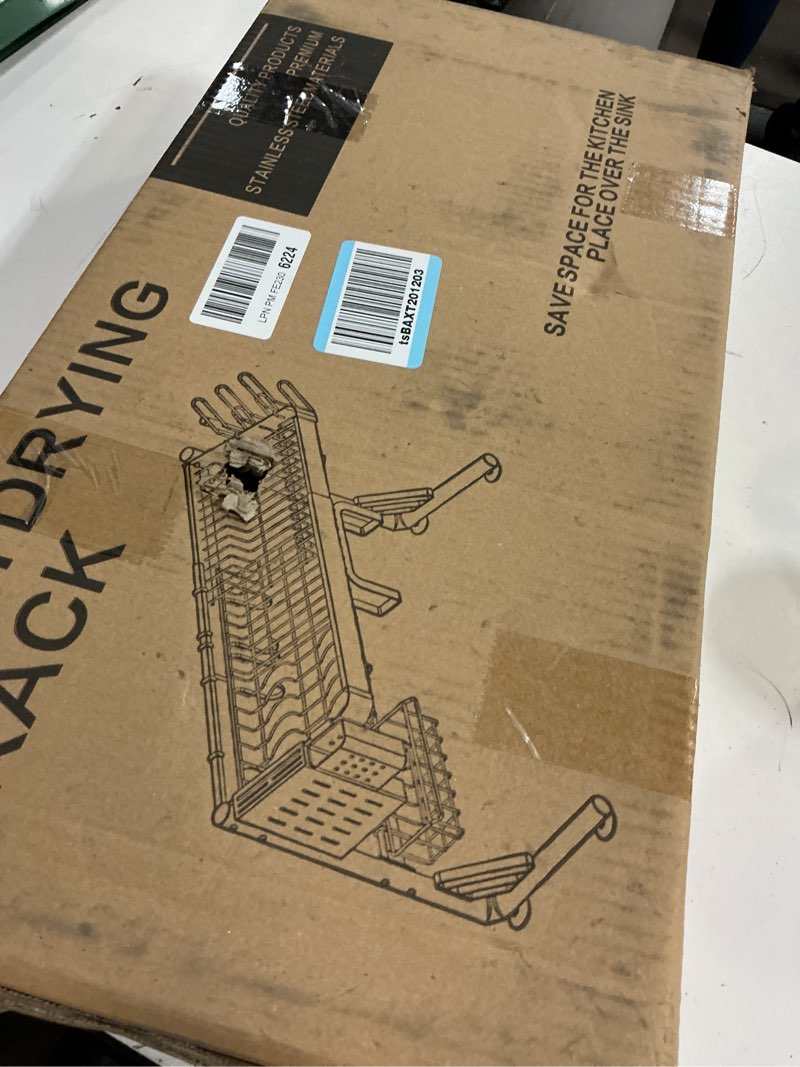 Condition photo showing Good Condition for Over The Sink Dish Drainer Drying Rack, 2 Tier Adjustable Width (20.87'' to 37.6'') 304 Stainless Steel Large Over Sink Dish Drying Rack for Kitchen Counter Organizer, (Silver)