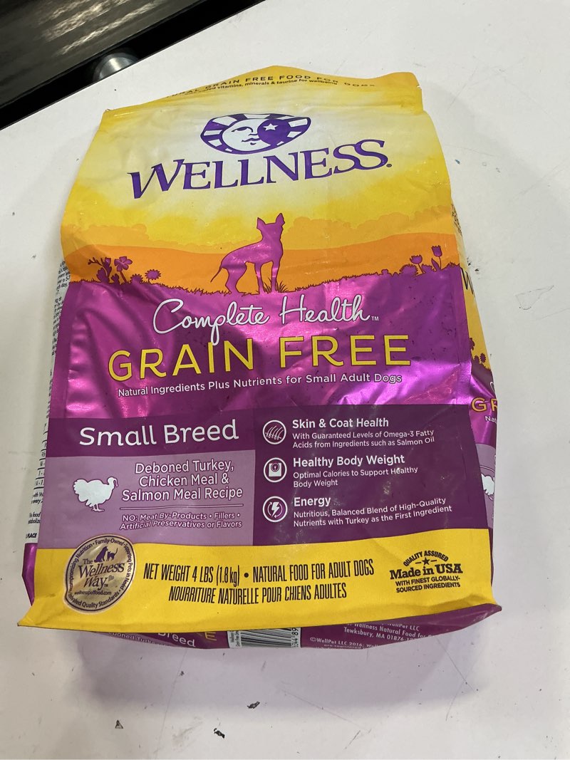 Condition photo showing New/Like New for (bb:20/feb/2026)wellness complete health small breed adult dry dog food, grain free kibble, chicken and salmon recipe, 4 lb bag turkey small breed 4 pound (pack of 1)