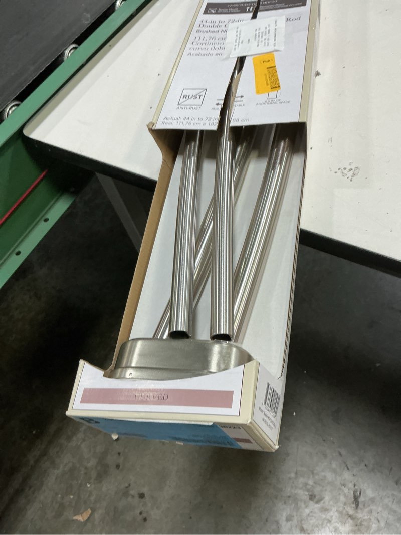 Condition photo showing As Is for allen + roth 44-in to 72-in brushed nickel fixed or tension double curve adjustable shower curtain rod