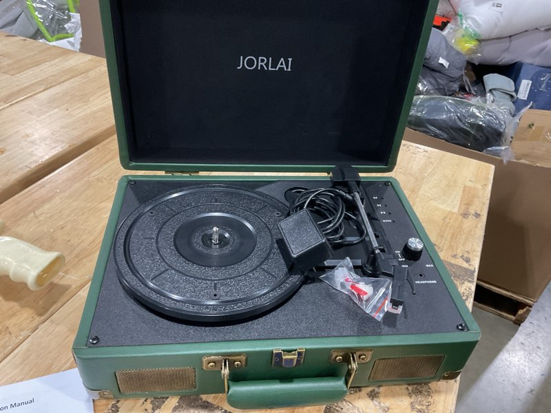Condition photo showing Good Condition for record player portable with bluetooth connection usb playback and built in rechargeable battery 3 speed turntable suitcase design vinyl player with built in speakers for home or travel dark green