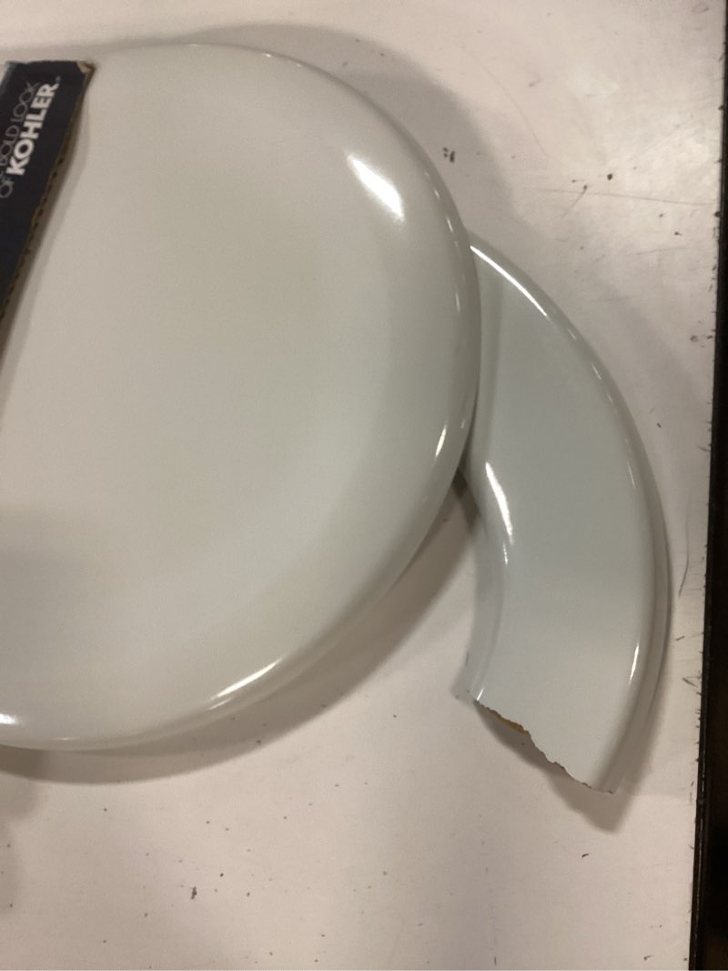 Condition photo showing As Is for kohler stonewood quiet-close, round toilet seat soft close, durable wood, easy installation, universal fit, home essentials, white finish, k-20467-0 white round double-hinge