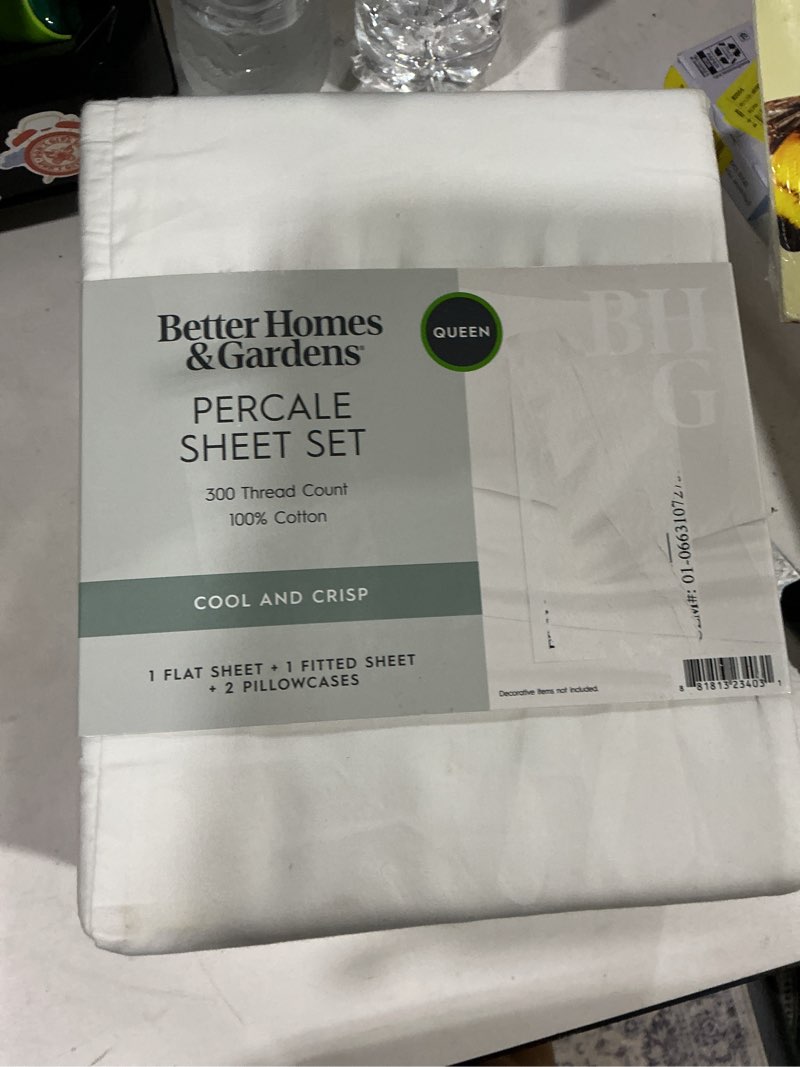 Condition photo showing As Is for better homes & gardens cool & crisp 4-piece 300 thread count arctic white cotton percale sheet set, queen