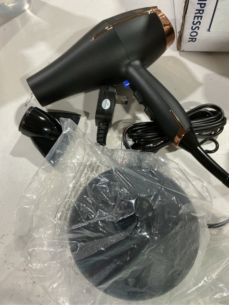 Condition photo showing As Is for infiniti pro by conair hair dryer, 1875w blow dryer with diffuser and concentrator, ceramic technology, 3 heat & 2 speed settings, cold shot button, black black with bonus diffuser and concentrator 1 count (pack of 1)