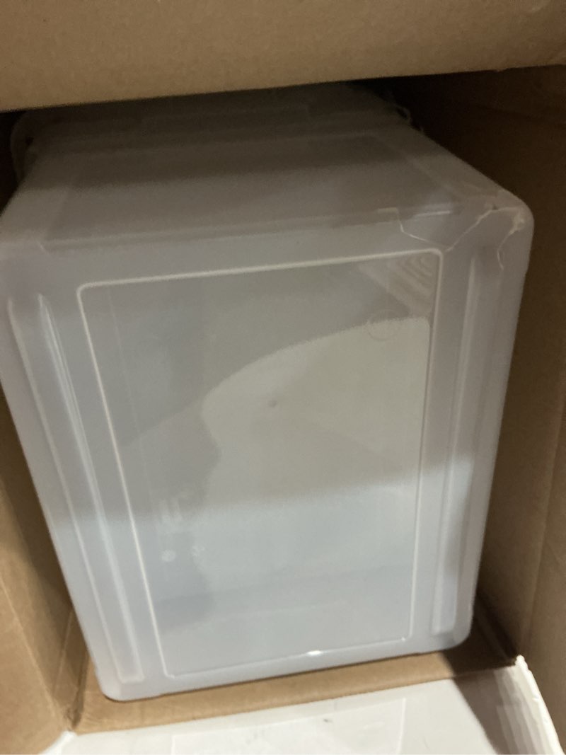 Condition photo showing As Is for iris usa file box, plastic file organizer with lids for letter/legal file, portable document box for moving, storage bin with durable and secure lid, stackable nestable bpa-free, clear 35 qt. 4 pack clear - 4 pack