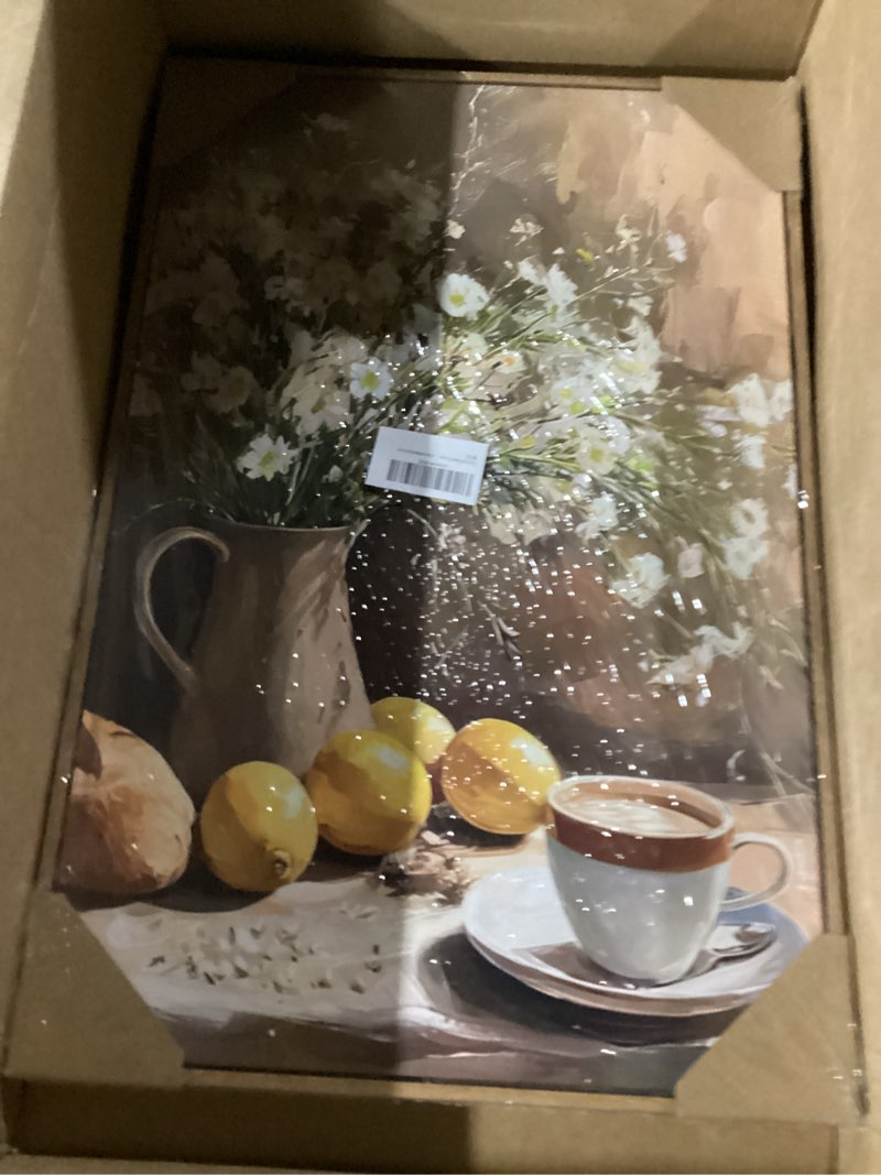 Condition photo showing New/Like New for floating framed vintage floral still canvas wall art lemon kitchen coffee painting picture wall decor neutral daisy rustic country poster print artwork for kitchen livingroom home decoration canvas 24"l x 16"w