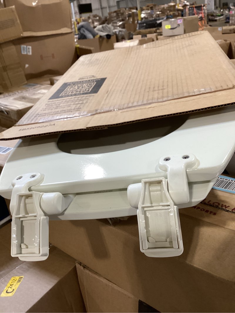 Condition photo showing As Is for mayfair cassel slow close toilet seat, easy clean, non slip premium wood seat, easy install, made in usa, round, biscuit seat round