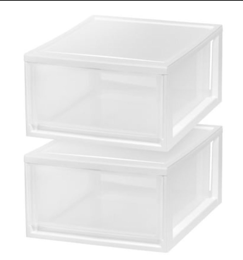 IRIS USA 30 Qt. Stackable Storage Drawer  2 Pack  Plastic Drawer Organizer with Clear Doors for Pantry  Bedroom  Closet  Kitchen  Under-Sink  Home and Office De-Clutter  Shoes and Crafts - White