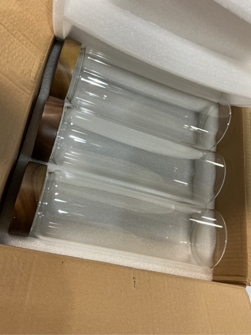 Condition photo showing New/Like New for wissy&konny 3 pack glass pasta storage containers with screw wood airtight lid, 70oz tall glass jar with lid spaghetti container storage for pasta,spaghetti,cereal (132 pantry labels)