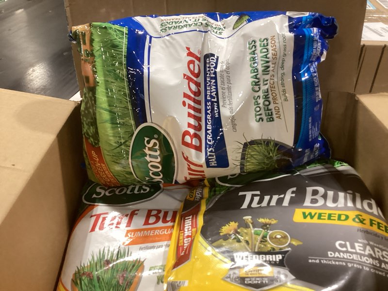 Condition photo showing As Is for Scotts Turf Builder 4-Bag Bundle for Small Lawns with Halts Crabgrass Preventer, Weed & Feed5, SummerGuard and WinterGuard 4 Step Small Yard
