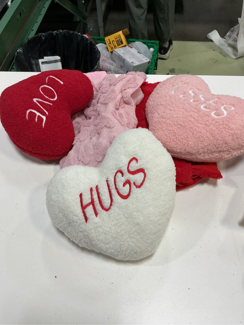 Condition photo showing As Is for soaoo 3 pcs valentine's day pillows 11.8'' decorative heart shaped pillows for sofa red white pink throw cute sofa love cushion for indoors (granulated fleece)