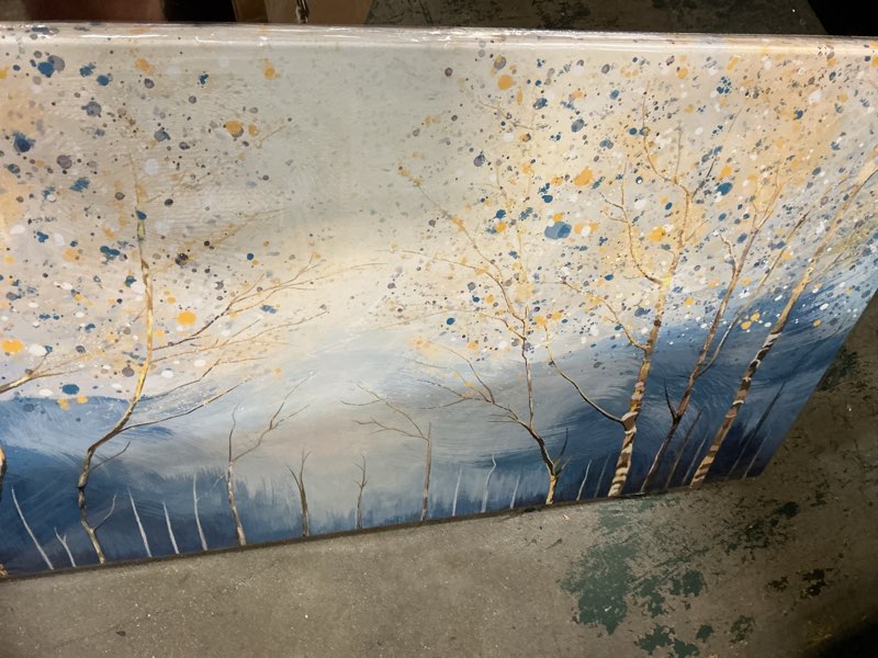 Condition photo showing New/Like New for azatyam misty birch tree forest canvas wall art blue yellow abstract landscape panoramic pictures modern woodland scenery nature artwork framed for living room bedroom office home wall decor in blue yellow wrapped canvas