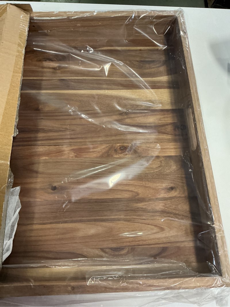 Condition photo showing Good Condition for Acacia Wood Serving Tray with Handles (17 Inches) – Decorative Serving Trays Platter for Breakfast in Bed, Lunch, Dinner, Appetizers, Patio, Ottoman, Coffee Table, BBQ, Party –Great for Lap &Couch Set of 1