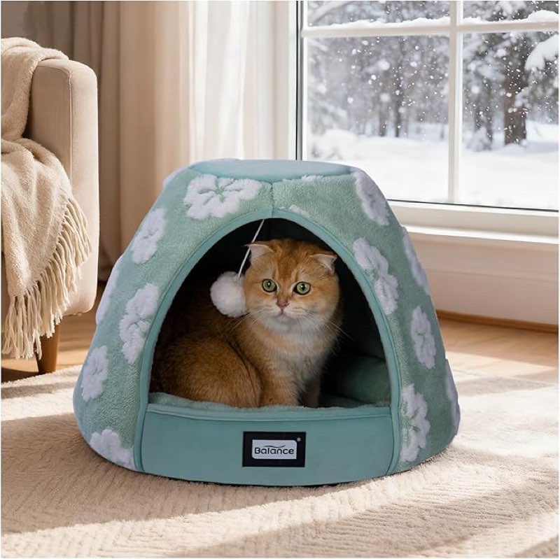 balance cat beds for indoor cats, 2-in-1 cat bed cave with anti-slip bottom and ultra-soft plush, cozy cats house tent for kittens and small dogs, 19 inches, green