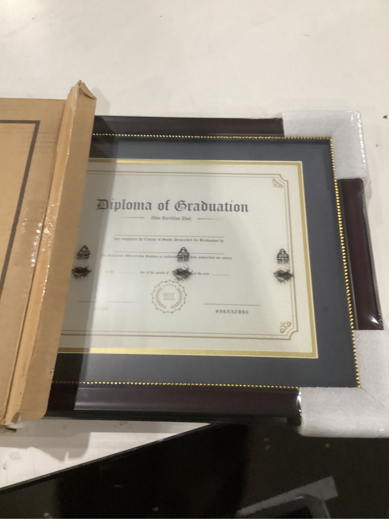 Condition photo showing New/Like New for GraduationMall 8.5x11 Diploma Frame with Black over Gold Mat or Display 11x14 Document without Mat, UV Protection Acrylic, Mahogany with Gold Beads Mahogany With Gold Beading 11x14 or 8.5x11 With Mat