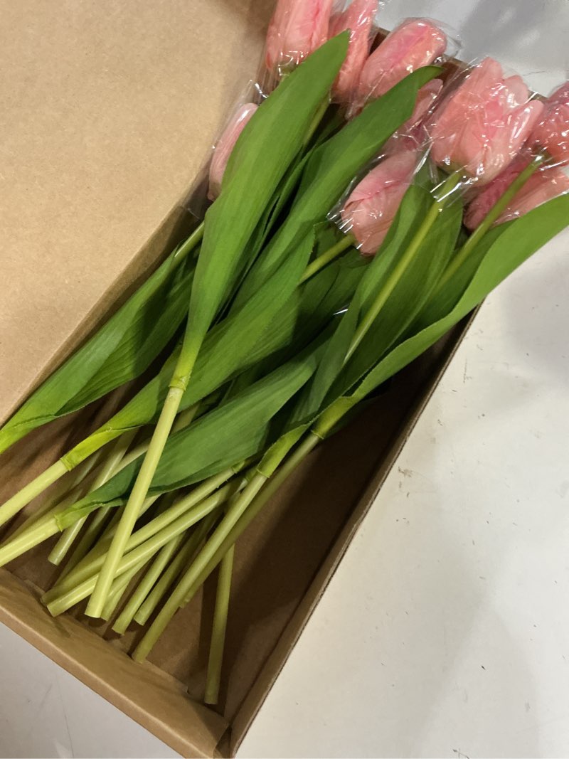 Condition photo showing New/Like New for 20pcs artificial tulips real touch faux flower moisturizing tulips for photography ornaments home garden wedding party decor fake flowers (pink)