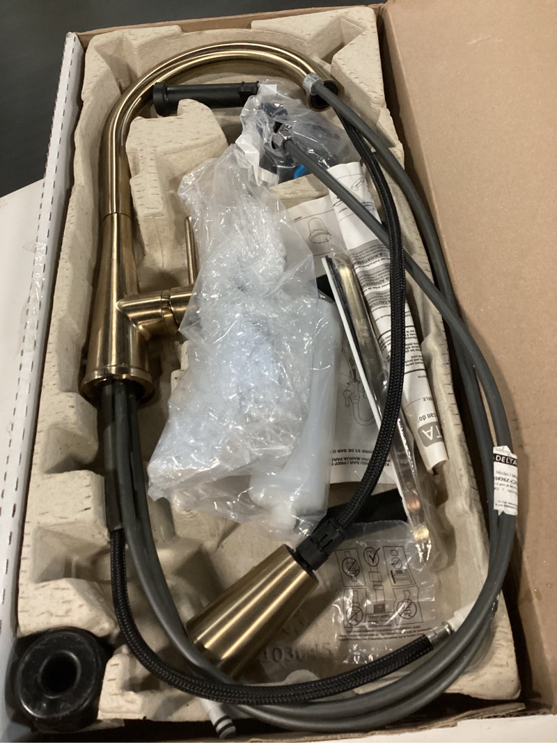 Condition photo showing As Is for Delta Boyd Brushed Gold Kitchen Faucet with Pull Down Sprayer and Soap Dispenser, Modern Single Hole Kitchen Sink Faucet, Single Handle, Champagne Bronze 19893Z-CZSD-DST