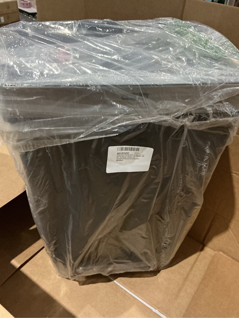 Condition photo showing As Is for rubbermaid premier series iii step-on trash can for home and kitchen, with stainless steel rim, 12.4 gallon, charcoal, for home/kitchen/garage/apartment/office metal rim, resin lid