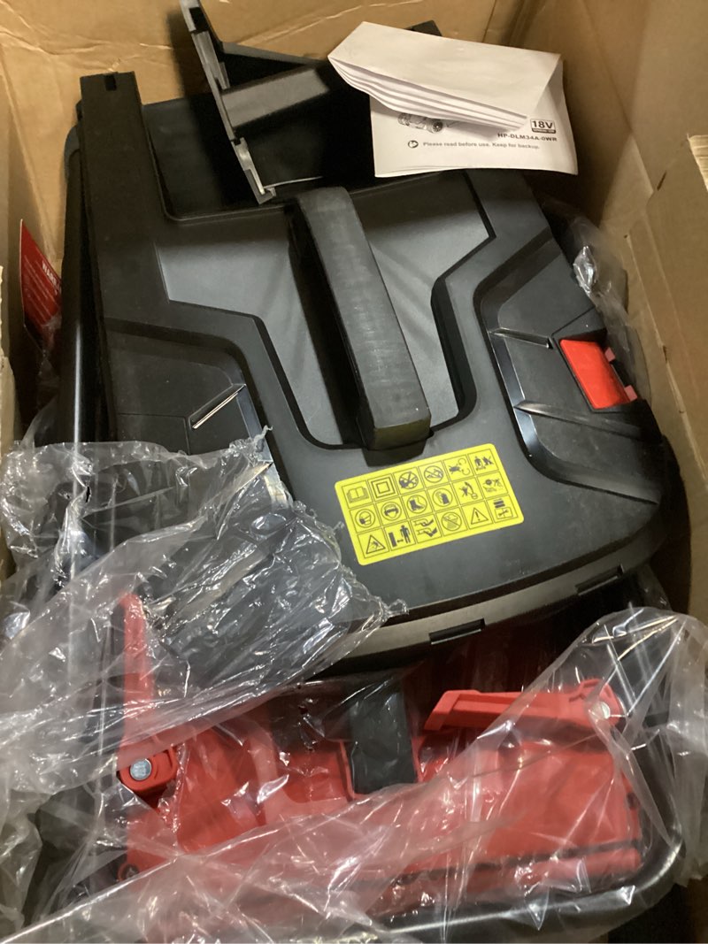 Condition photo showing As Is for heinpro 14" cordless lawn mower compatible with milwaukee m18 battery, 2-in-1 brushless electric lawn mower for small yards, push mowers with 5-position height adjustment, red (tool only)