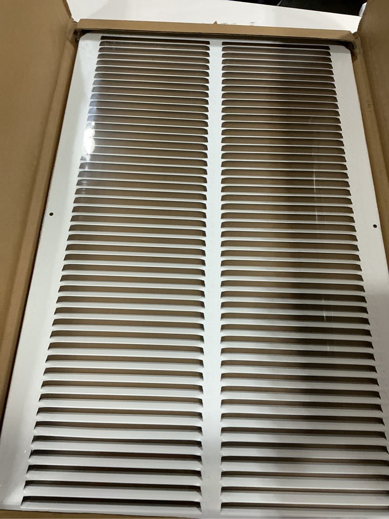 Condition photo showing New/Like New for fits 14x24 duct opening stamped steel return air grille vent cover grille for sidewall and ceiling in white surface dimensions: 15.75"w x 25.75"h (14" w x 24" h duct opening)