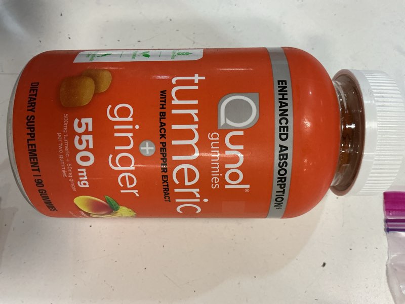Condition photo showing New/Like New for exp. 06/2027 qunol turmeric and ginger with black pepper gummies, turmeric curcumin supplement, joint health support gummy, 90ct gummies