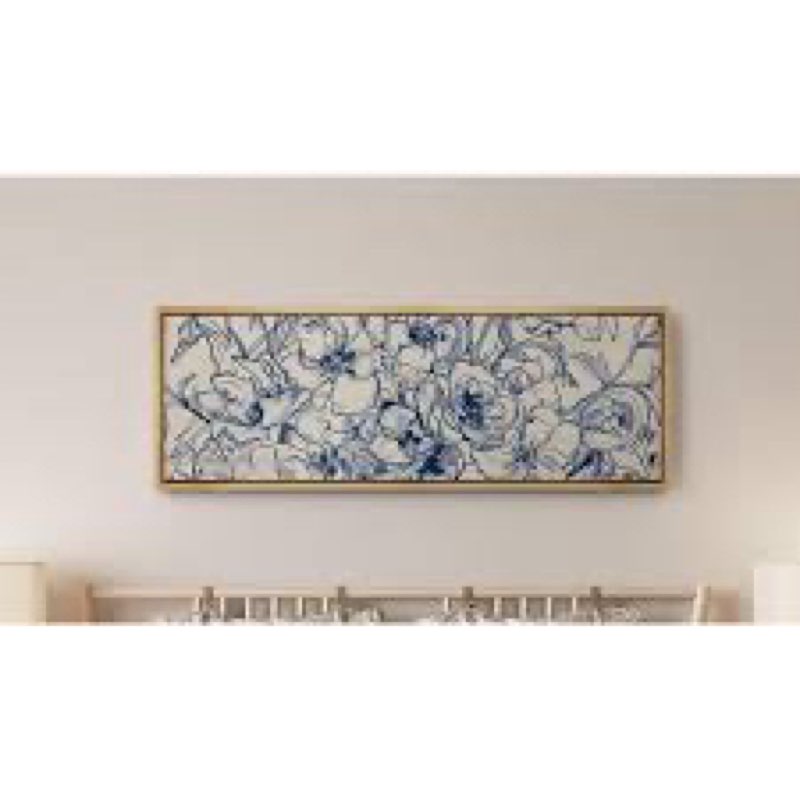 Navy Blue Abstract Flower Artwork Modern Boho Extra Large Pictures Framed Canvas Print Wall Art 60x30