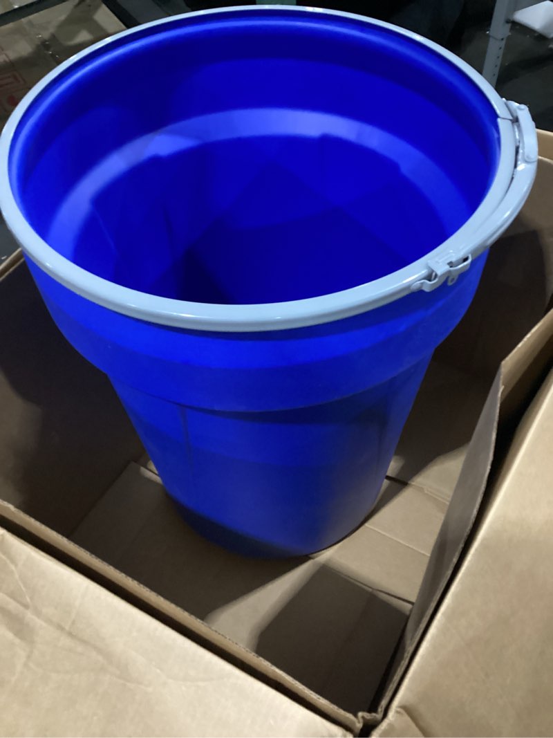Condition photo showing As Is for missing lid eagle plastic drum, 30 gallon drum, dot compliant, made in usa, blue | high-density-polyethylene, open head lab pack drum, plastic lever-lock lid, hazardous material storage, transport plastic lever-lock 30 gallon blue