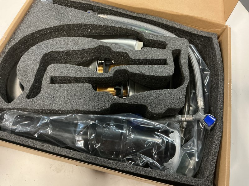 Condition photo showing Good Condition for KENES Bathroom Faucets for Sink 3 Hole, Brushed Nickel 2 Handle 8 Inch Widespread Bathroom Faucet, Bathroom Vanity Faucet with Pop Up Drain & Supply Lines, LJ-9075