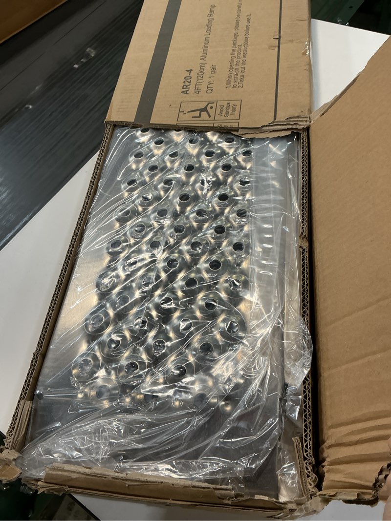 Condition photo showing Good Condition for Ruedamann 2PC 4FT x 9" Wider Aluminum Shed Ramps, Loading Ramps for Lawn Mower, Riding Mowers, Bicycles, Motorcycles, UTV, ATV ramp for Trailer Shed, 880 lbs Capacity 48" (880lbs) Perforated 2