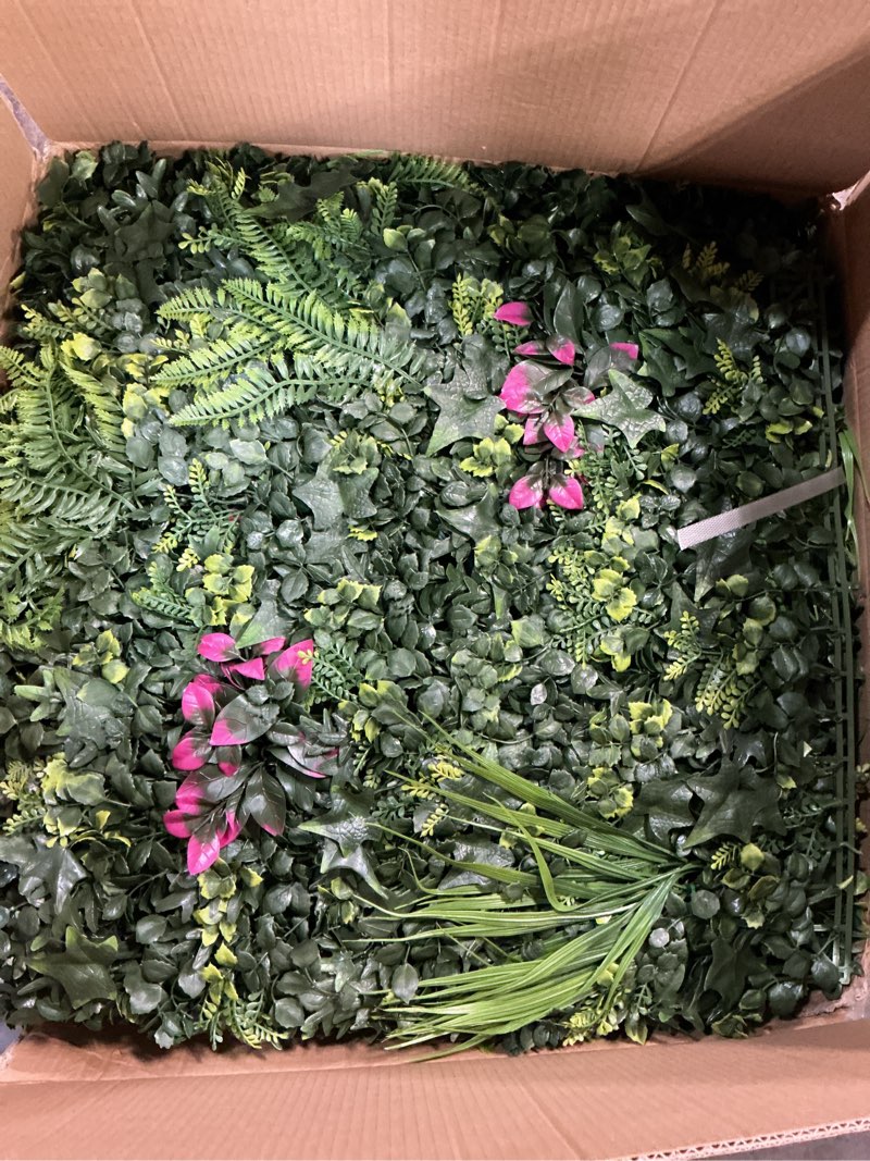 Condition photo showing Good Condition for Artificial Hedge Panels Greenery Wall:12Pcs 20''x20'' UV-Anti Grass Wall Backdrop Privacy Fence Screen, Faux Plant Panels for Outdoor Indoor Patio, Birthday, Wedding Green Decor 20"x20" 12P
