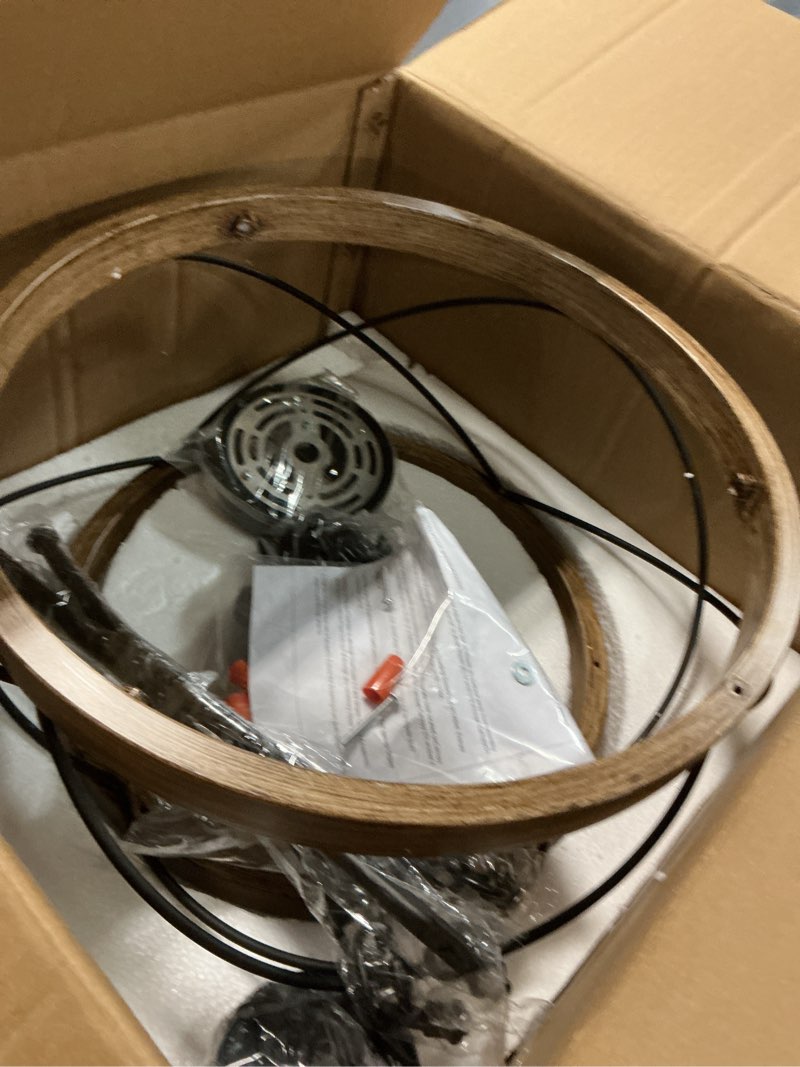 Condition photo showing As Is for 5-Light Farmhouse Chandelier, 17.72" Rustic Drum Dining Room Light Fixture, Vintage Wood Finish Metal Hanging Pendant Lighting, Industrial Candle Chandeliers for Living Room Kitchen Entryway Bedroom Wood 17.72"?E12?