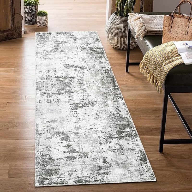 RUGSREAL Washable Runner Rug 2x6 Modern Abstract Hallway Runner Rug Non-Slip Kitchen Rug Low Pile Foldable Rug Machine Washable Area Rug Thin Rug for Bedroom, Green/grey