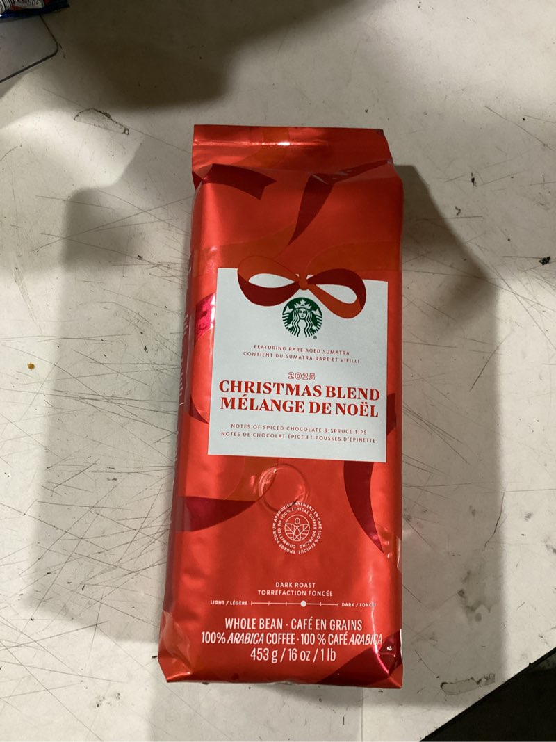 Condition photo showing New/Like New for starbucks christmas blend whole bean coffee 16oz, dark roast 100% arabica, rich spiced chocolate & spruce notes, limited holiday edition, bold, festive flavor from sumatra & latin america