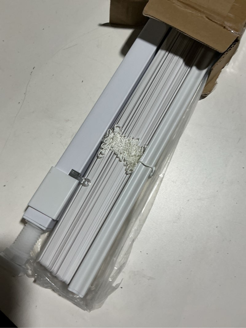 Condition photo showing As Is for LazBlinds No Tools No Drill 1" Vinyl Mini Blinds, Cordless Blinds for Windows, Light Filtering Horizontal Window Blinds & Shades, 34 1/2" W x 64" H, White Cordless-white 34 1/2" W x 64" H